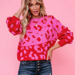 Pink Leopard Sweater Pullover Women's Pink Colorblock Sweater Gift for Her