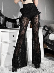 Gothic Style Black Summer Flare Pants for Women Lolita See Through Sexy High Waist Pants Aesthetic Punk Grunge Trousers