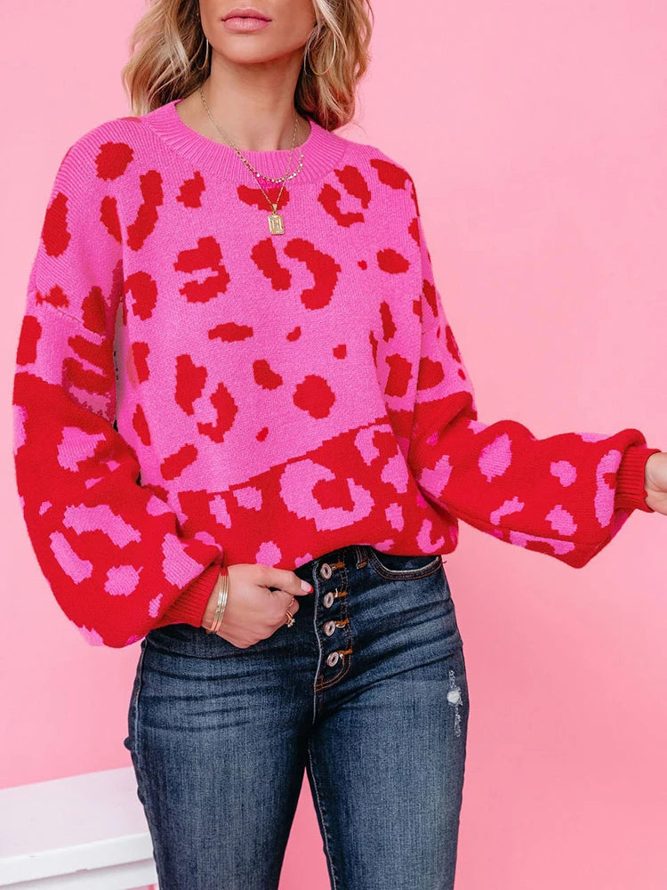 Pink Leopard Sweater Pullover Women's Pink Colorblock Sweater Gift for Her