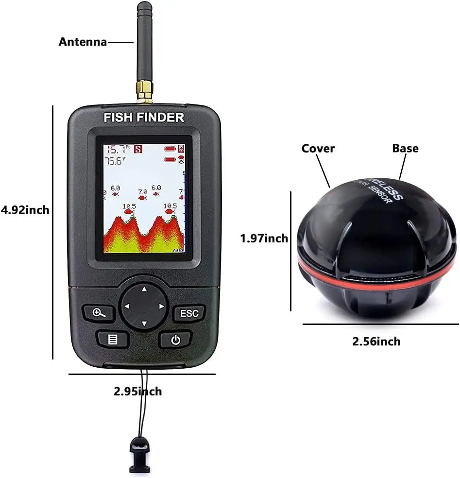 Fishing finder with labeled parts and dimensions on a white background