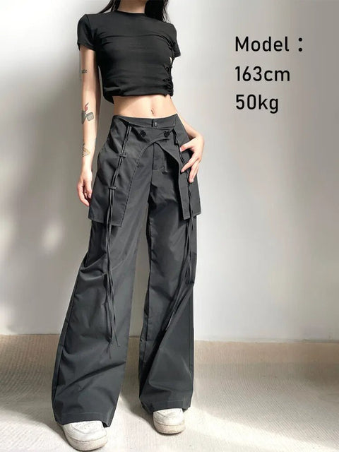 Low Waist Wide Leg Pants Women Grunge Loose Patchwork Ribbon Hem Cargo Casual Streetwear Fashion