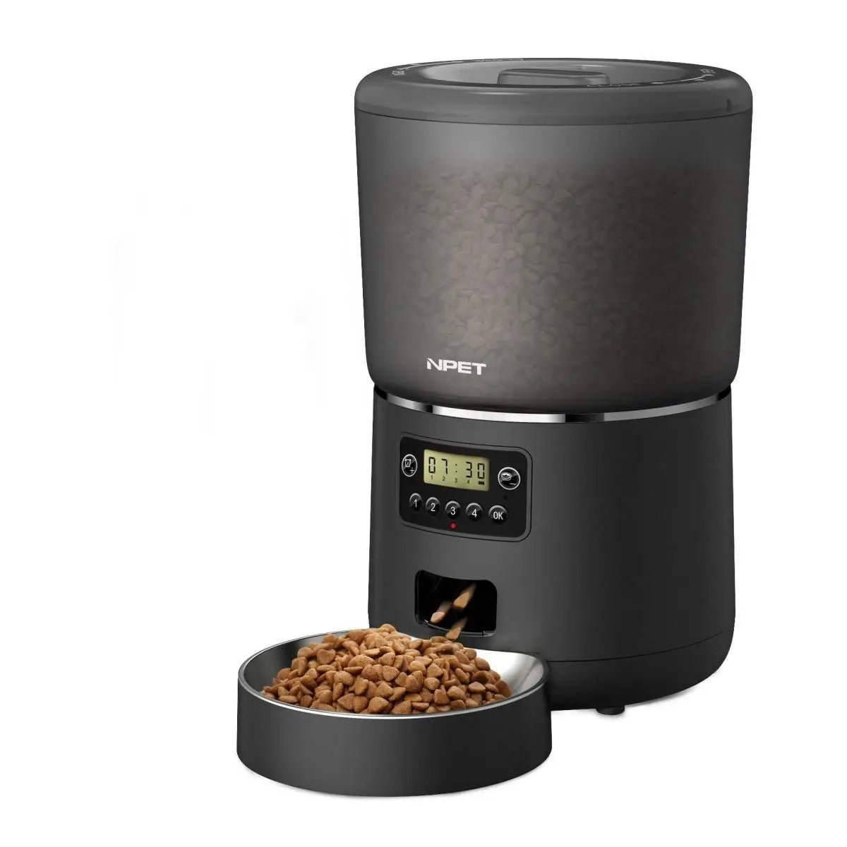 Black pet feeder with a bowl of kibble on a white background