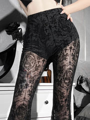 Gothic Style Black Summer Flare Pants for Women Lolita See Through Sexy High Waist Pants Aesthetic Punk Grunge Trousers