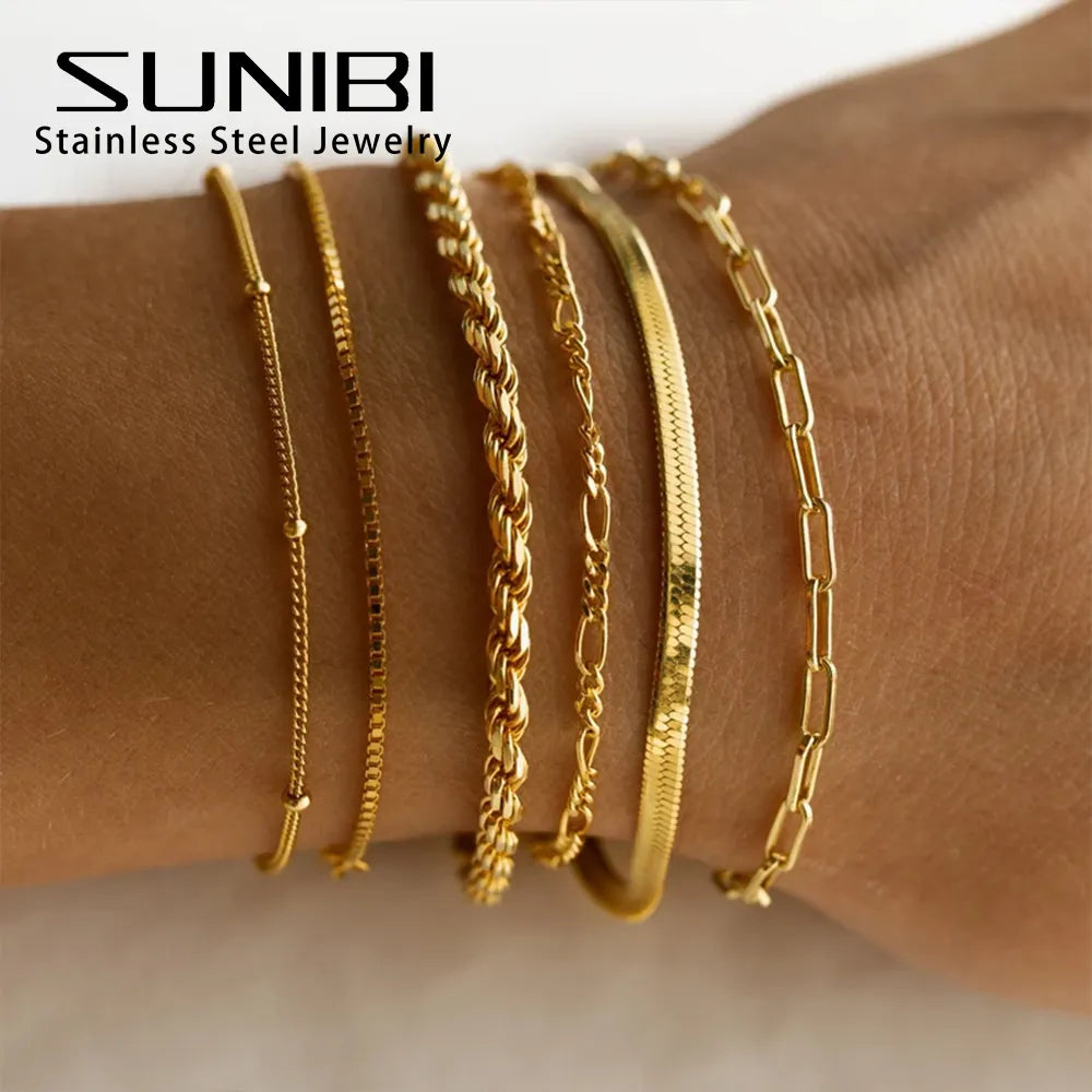 Classic Gold Chain Bracelets for Women Trendy 14K Gold Plated Stainless Steel Herringbone Chain Stackable Figaro Chain Paperclip Link Bracelets