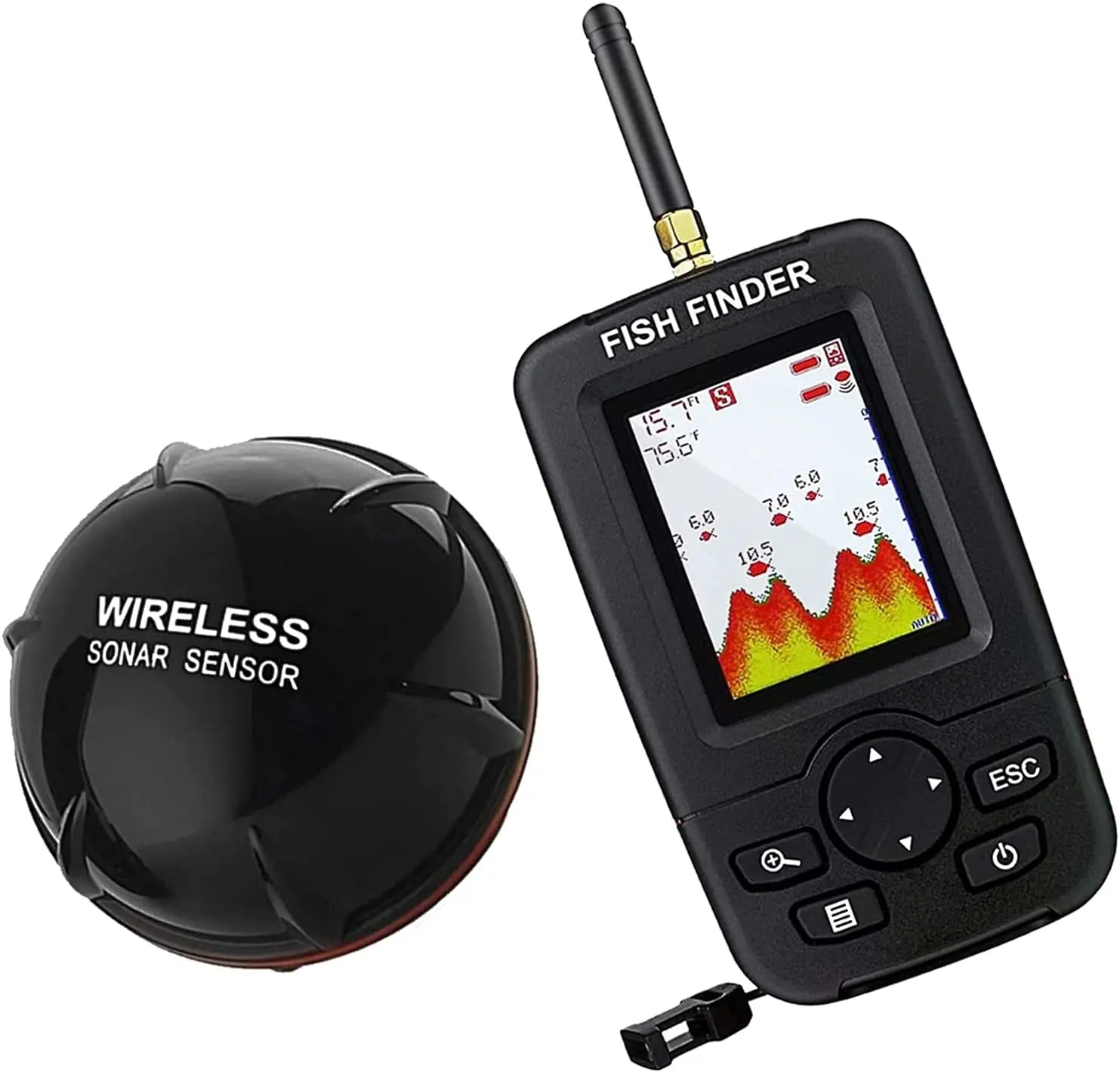 Fish finder with wireless sonar sensor on a white background