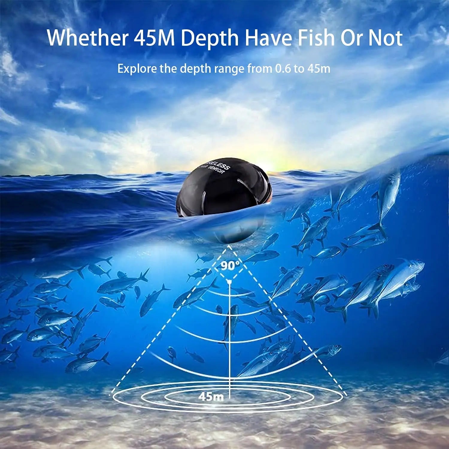 Fishing device underwater with fish and depth range illustration