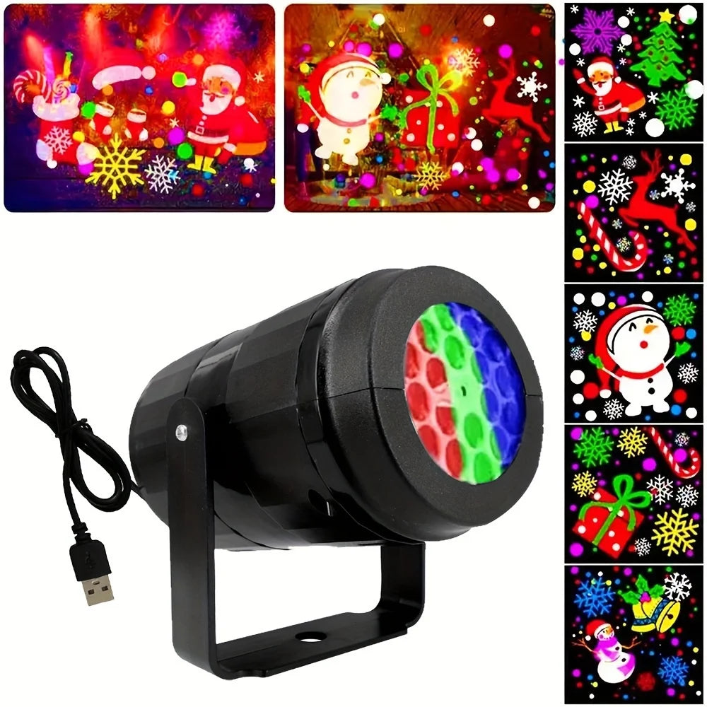 Christmas-themed light projector with colorful patterns on a white background