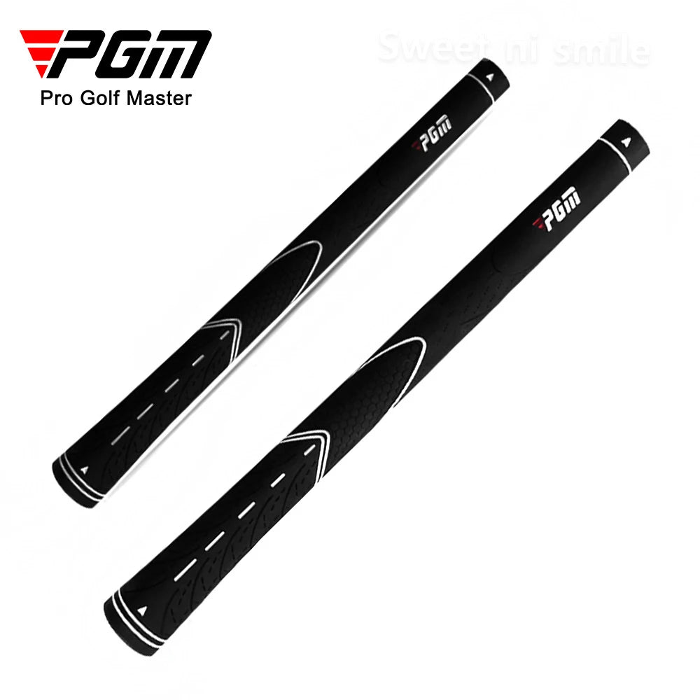 Two black golf club grips with PGM branding on a white background