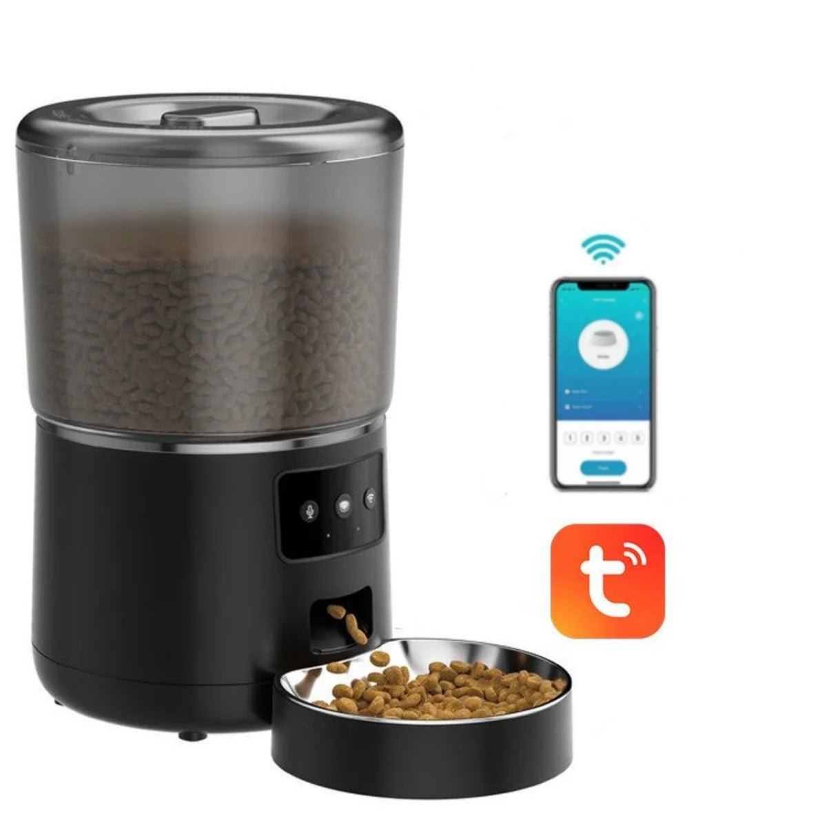 Black pet feeder with a bowl of food and smartphone app icons on a white background