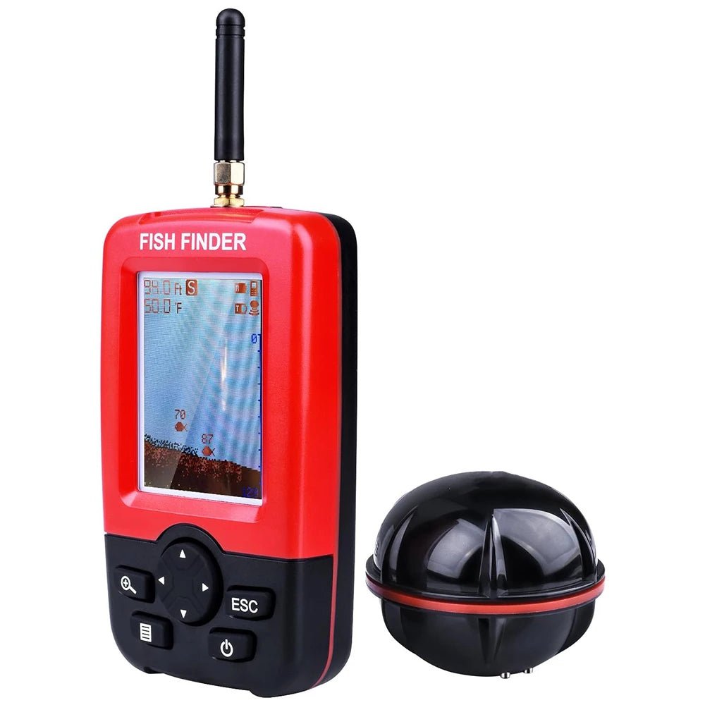 Red fish finder with screen and black sonar dome on a white background