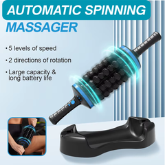 Automatic spinning massager shown with its black base stand, featuring a textured black roller with blue glowing accents and text highlighting speed, rotation direction, and battery life. A small inset shows the product being used on skin.