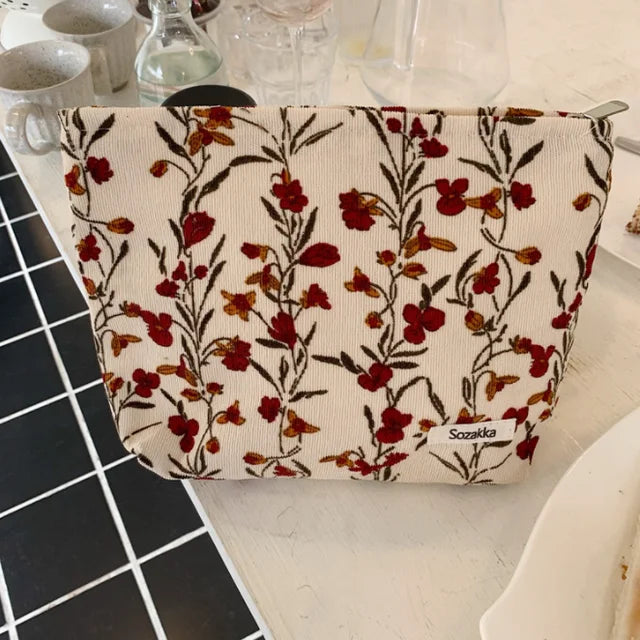 Cosmetic Bag for Women Floral Makeup Case Organizer Embroidered Design Cosmetic Pouch Travel Toiletry Bag Corduroy Canvas Beauty Case