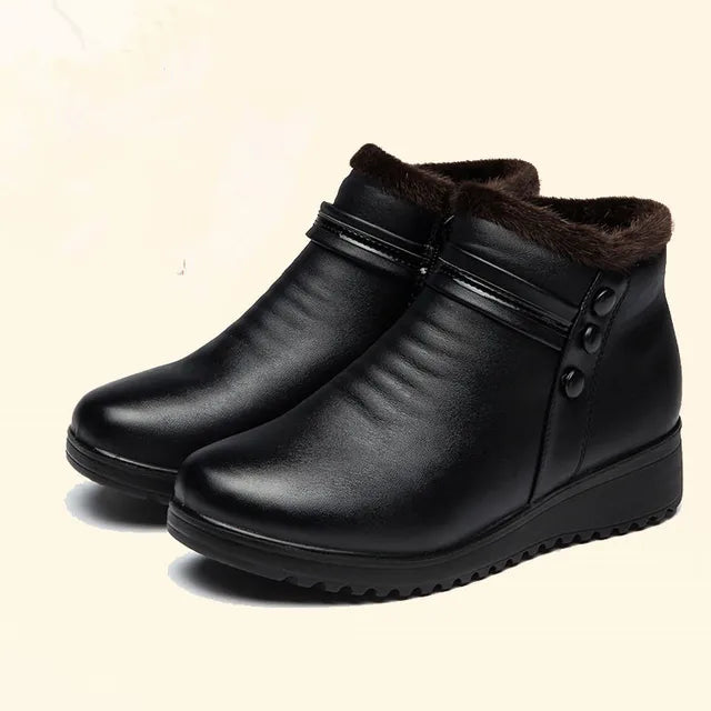 Women's Fashion Winter Boots Faux Leather Warm Ankle Boots Plush Wedge Boots with Warm Plush Lining