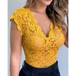 Women's Slim Lace V-Neck Top Sexy T-Shirt Elegant Summer Short Sleeve Flower Lace Hollow Out Tops T-Shirts