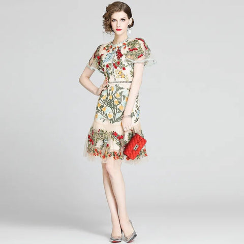 Mini Dress Women Flare Sleeve Floral Embroidery Elegant Mesh Hollow Out Designer Inspired Summer Dress