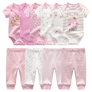 Newborn 6-Piece Bodysuit+4-Piece Pants Sets Baby Toddler Girl Suit Infant Pajama Pure Cotton Sets