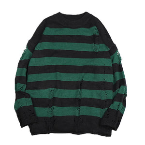 Horizontal Striped Women's Hollow Out Sweater Punk Grunge Hole Distressed Jumper