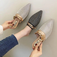 Pointed Toe Mule Loafers New Fashion Rhinestone Half Slippers Sandals w/ Metal Chain Detail Slides