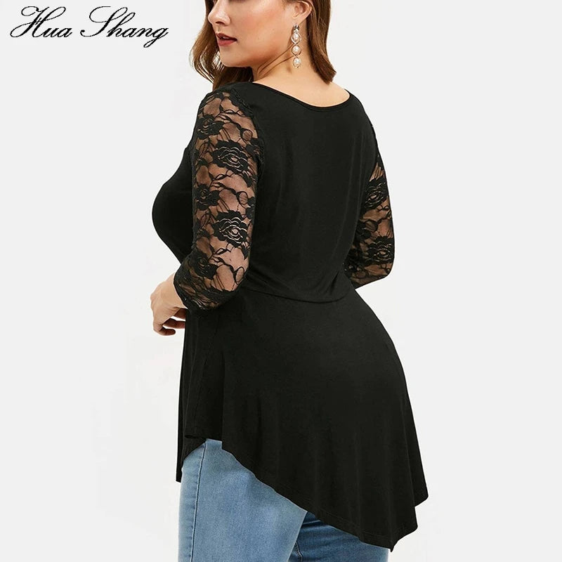 Floral Lace Hollow Out Tunic Blouse for Women Solid Tops with  Ruffles Irregular Hem