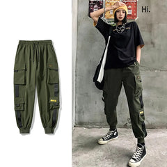 Women's Gothic Black Pants Streetwear Elastic Waist Baggy Y2K Cargo Pants