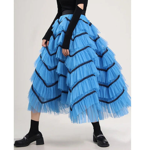 Maxi Skirt Women Blue Ruffle Layered Lace Cake Mesh High Waist Fluffy Dance Party Fashion Skirt