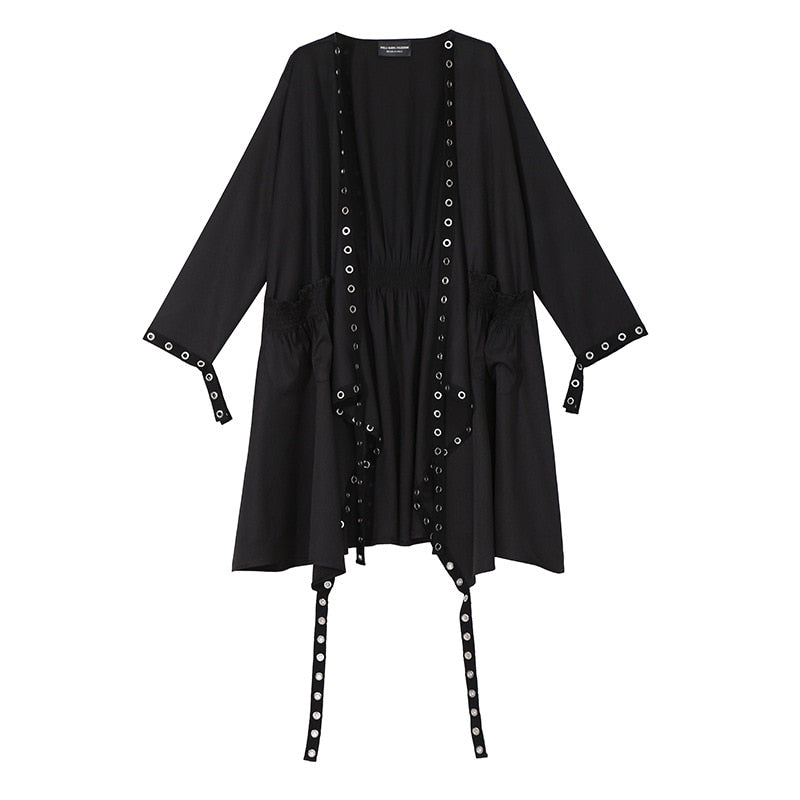Loose Fit Ribbon Pleated Coat Black Hollow Out Goth Coat