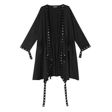 Gothic Ribbon Pleated Coat Women Black Hollow Out Loose Fit Casual Streetwear Outerwear Fashion