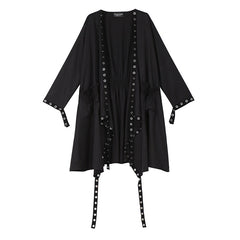 Loose Fit Ribbon Pleated Coat Black Hollow Out Goth Coat