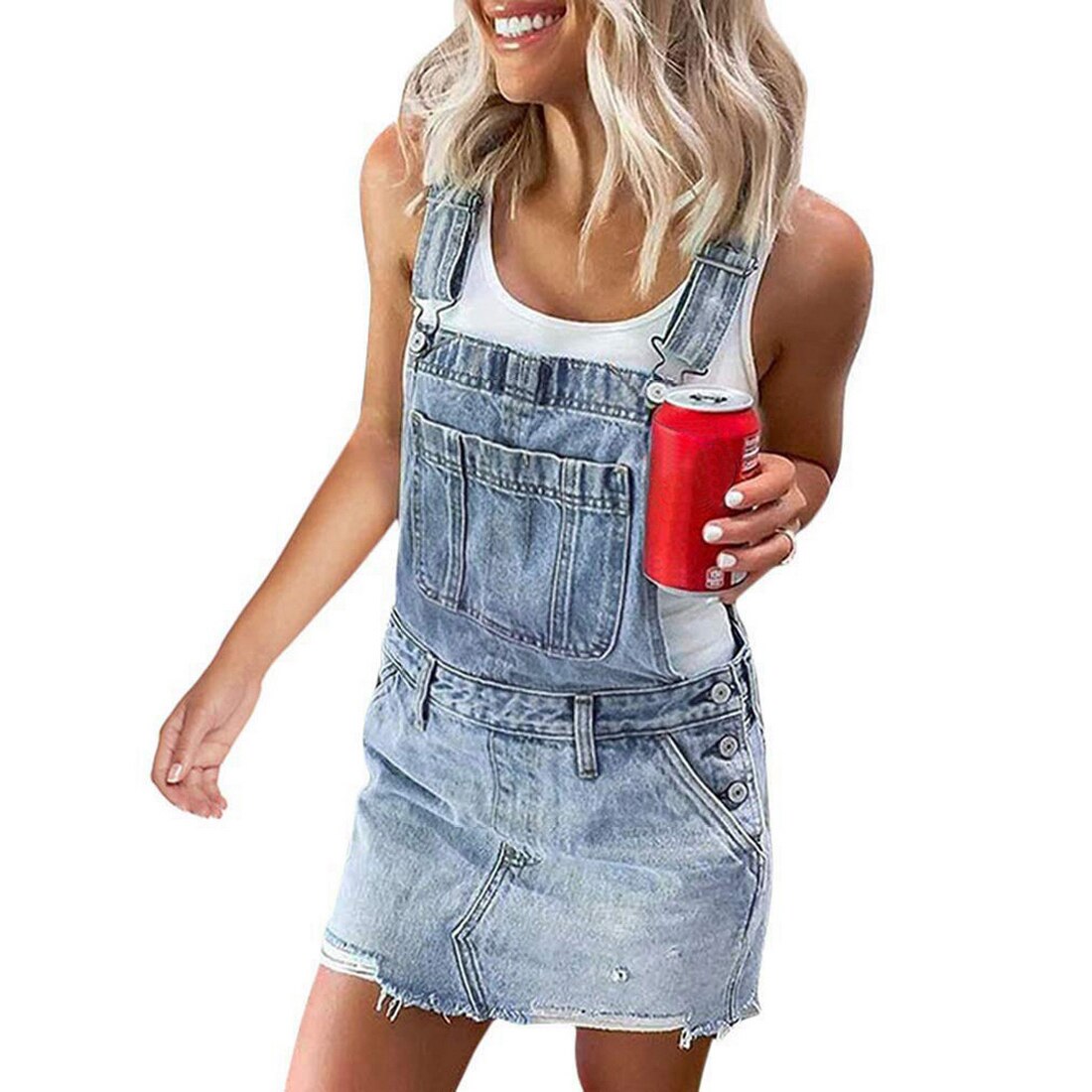 Women's Strap Mini Dress Overalls Casual Front Pockets Denim Bib Dresses in Blue, Gray and Camouflage Colors