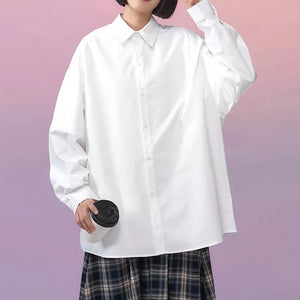 Women's Long Sleeve Shirt White Turn Down Collar Teen Girls Oversized Long Sleeve Shirt