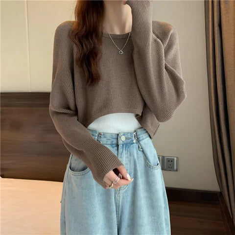 Knit Crop Sweater Women Loose O-Neck Pullover Casual Cozy Everyday Winter Fashion Top