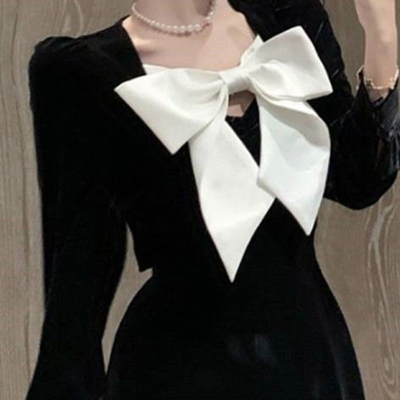 Elegant Velvet Puff Sleeve Evening Gown Big Bow Black Velvet Dress Midi Party Dress
