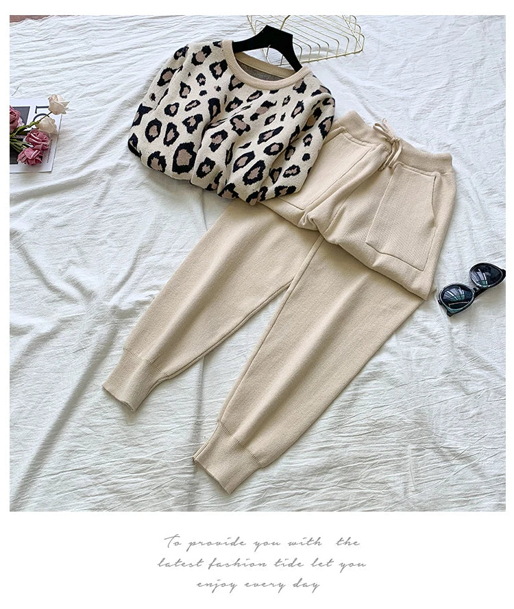 Women's Designer Leisure Pant Suit Long Sleeve Knit Leopard Pullover Sweater + Elastic Waist Sweat Type Pants Set 2-Piece Outfit