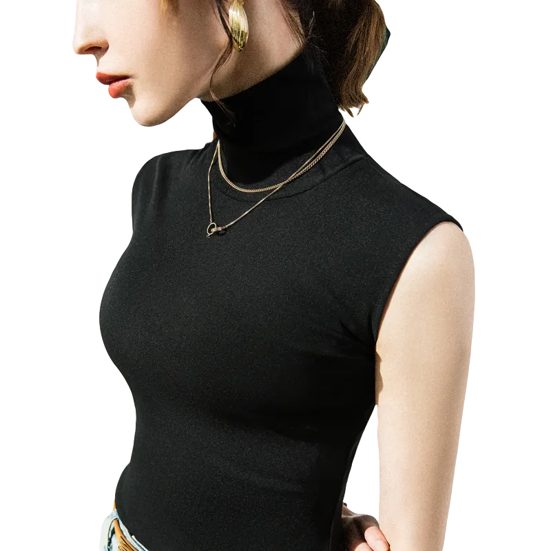 Women's Slim Turtleneck Tank Top Sleeveless Chic Black Top for Autumn