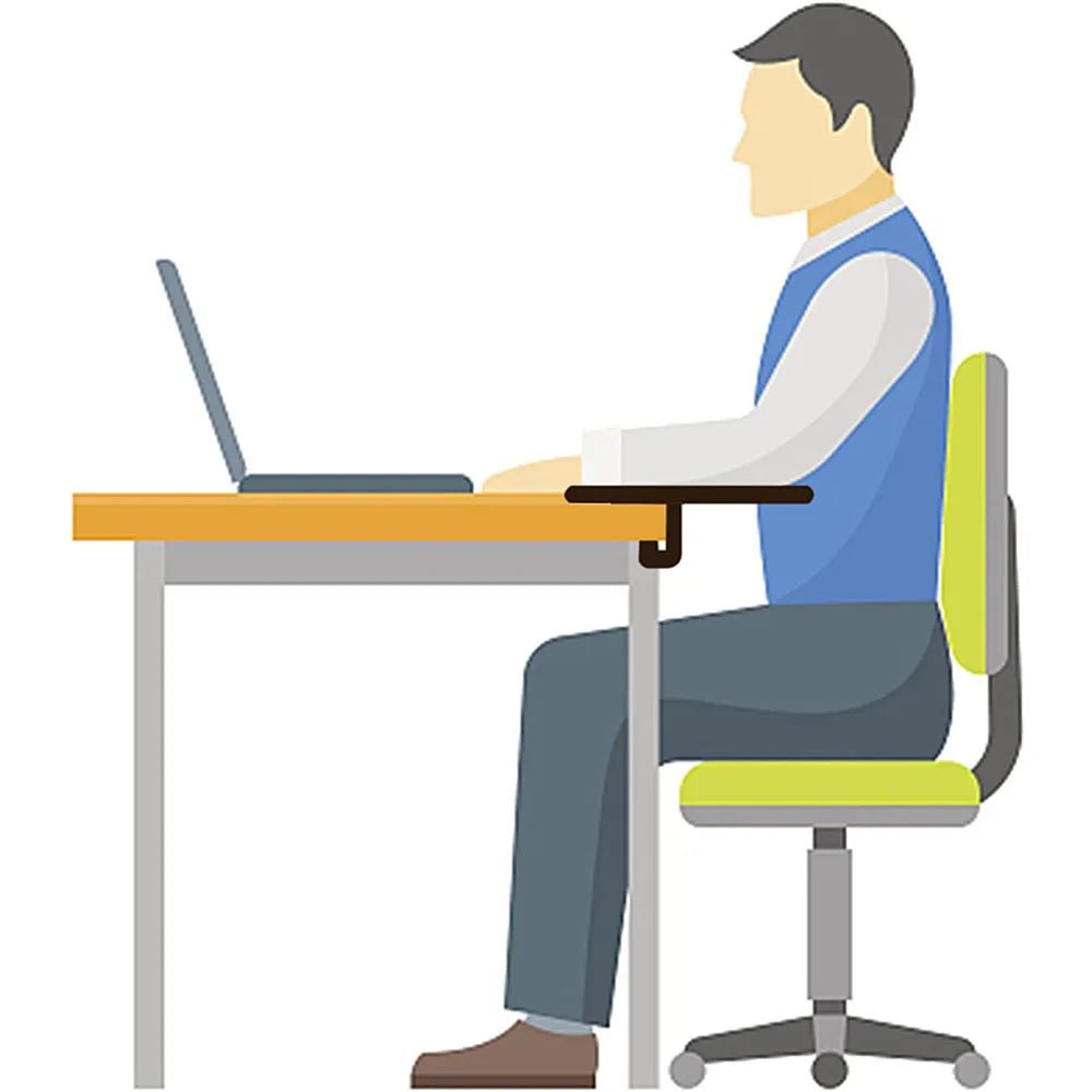Illustration of a person sitting at a desk with a laptop, using an armrest for support.