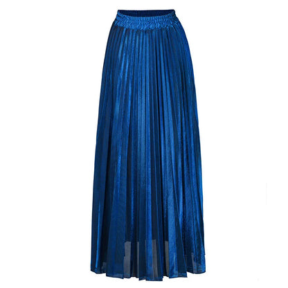 Women's High Elastic Waist Maxi Skirt Metallic Shiny A-line Flare Accordion Pleated Skirt