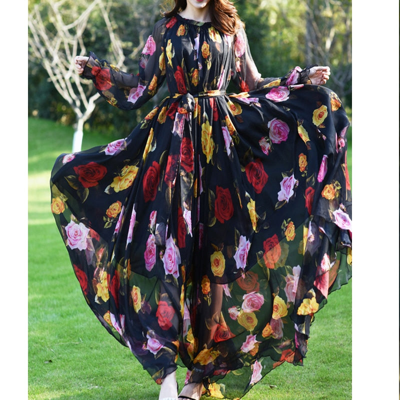 Women's Floral Printed  Loose Chiffon Maxi Dress