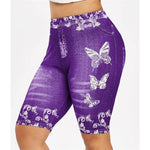 Women's Faux Denim Butterfly Print Short Leggings Running Tights Yoga Shorts