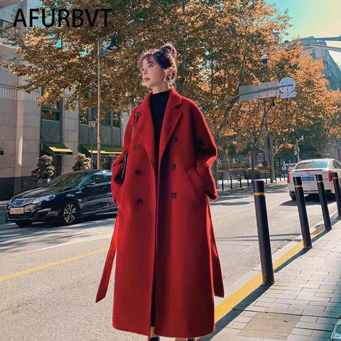 Long Double Breasted Coat Women Chic Loose Belt Elegant Autumn Winter Casual Outerwear Fashion