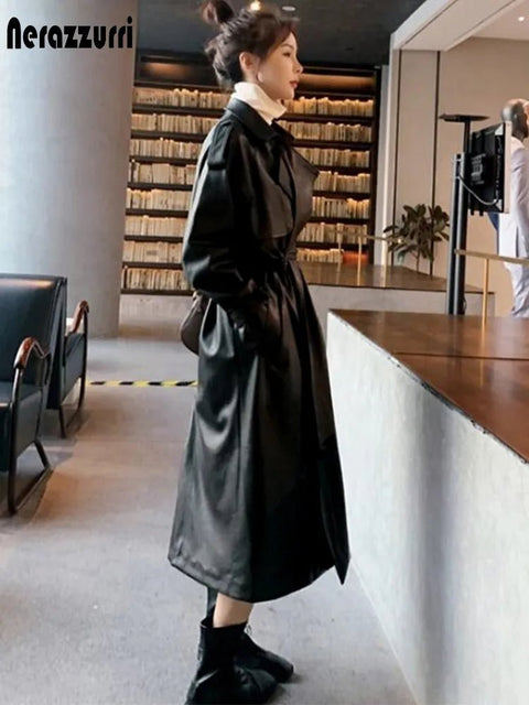 Faux Leather Trench Coat Women Black Oversized Long Waterproof Vegan Casual Chic Outerwear Fashion