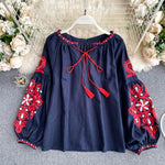 Retro Style V-Neck Lantern Sleeve Embroidered Blouse