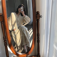 Women's Elegant Corduroy Dress with Pocket Vintage Long Dress Full Sleeve Single Breasted Dress