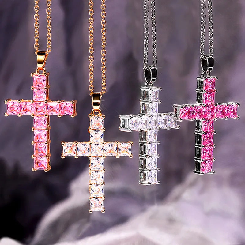 Cross Necklace Inlaid White/Pink Cubic Zirconia Fashionable Versatile Necklace for Women Jewelry Gift for Her