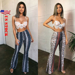 Women's Print Bell Bottom Pants Boho Floral Hippie  Palazzo Flared Trousers