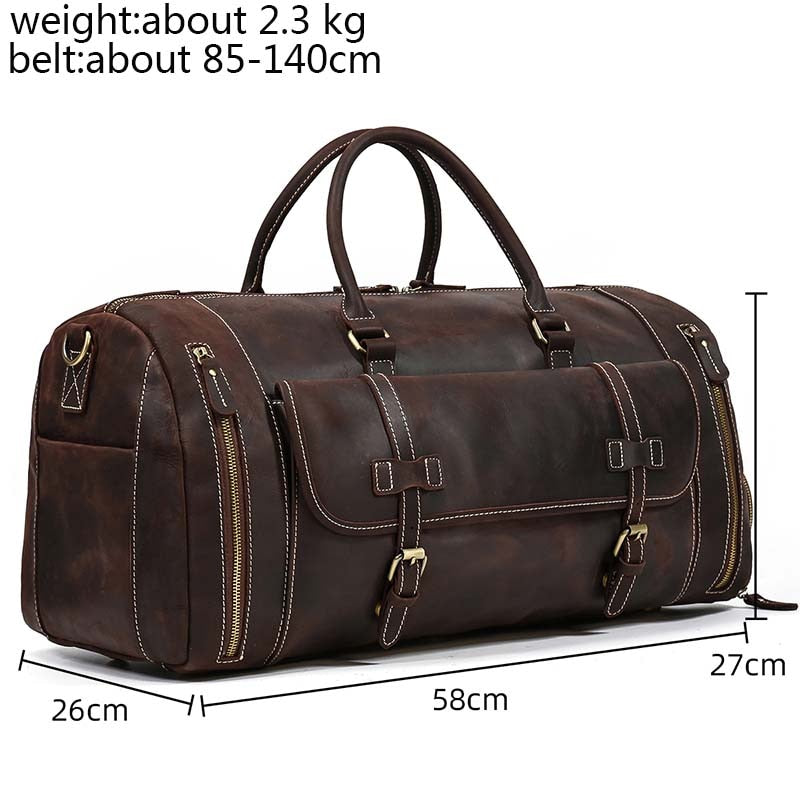 Leather Travel Duffel Bag with Shoe Compartment, Full Grain Genuine Cowhide Leather Duffle Carryall Weekender