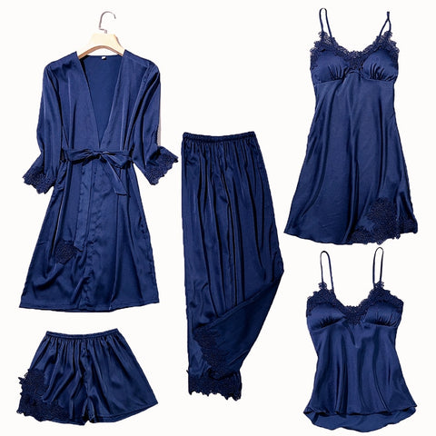 Satin Lace Sleepwear Pajamas 2-5 Piece Sets Pajamas Night Robe Gown