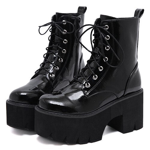 Woman's Lace Up Chunky Wedge Platform Boots Black Shiny Faux Patent Leather Goth Ankle Boots