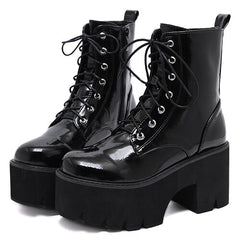 Woman's Lace Up Chunky Wedge Platform Boots Black Shiny Faux Patent Leather Goth Ankle Boots
