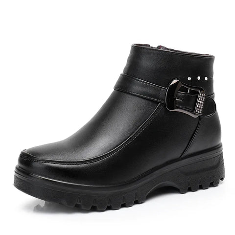 Ankle Boots Women PU Vegan Leather Thick Plush Warm Snow Winter Chic Casual Cold Weather Shoes