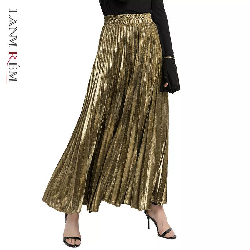 Women's High Elastic Waist Maxi Skirt Metallic Shiny A-line Flare Accordion Pleated Skirt